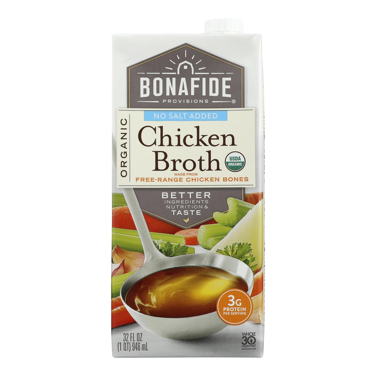 Bonafide Provisions No Salt Chicken Broth, 6-Pack, 32 oz Each