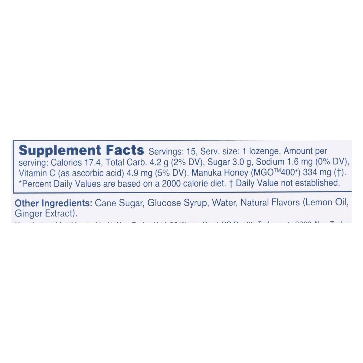 Manuka Health MGO 400+ Honey Lemon Ginger Lozenges 15 Ct