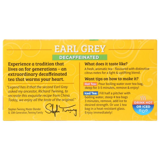 TWININGS OF LONDON: Classics Earl Grey Naturally Decaffeinated, 20 Tea Bags, 1.23 oz