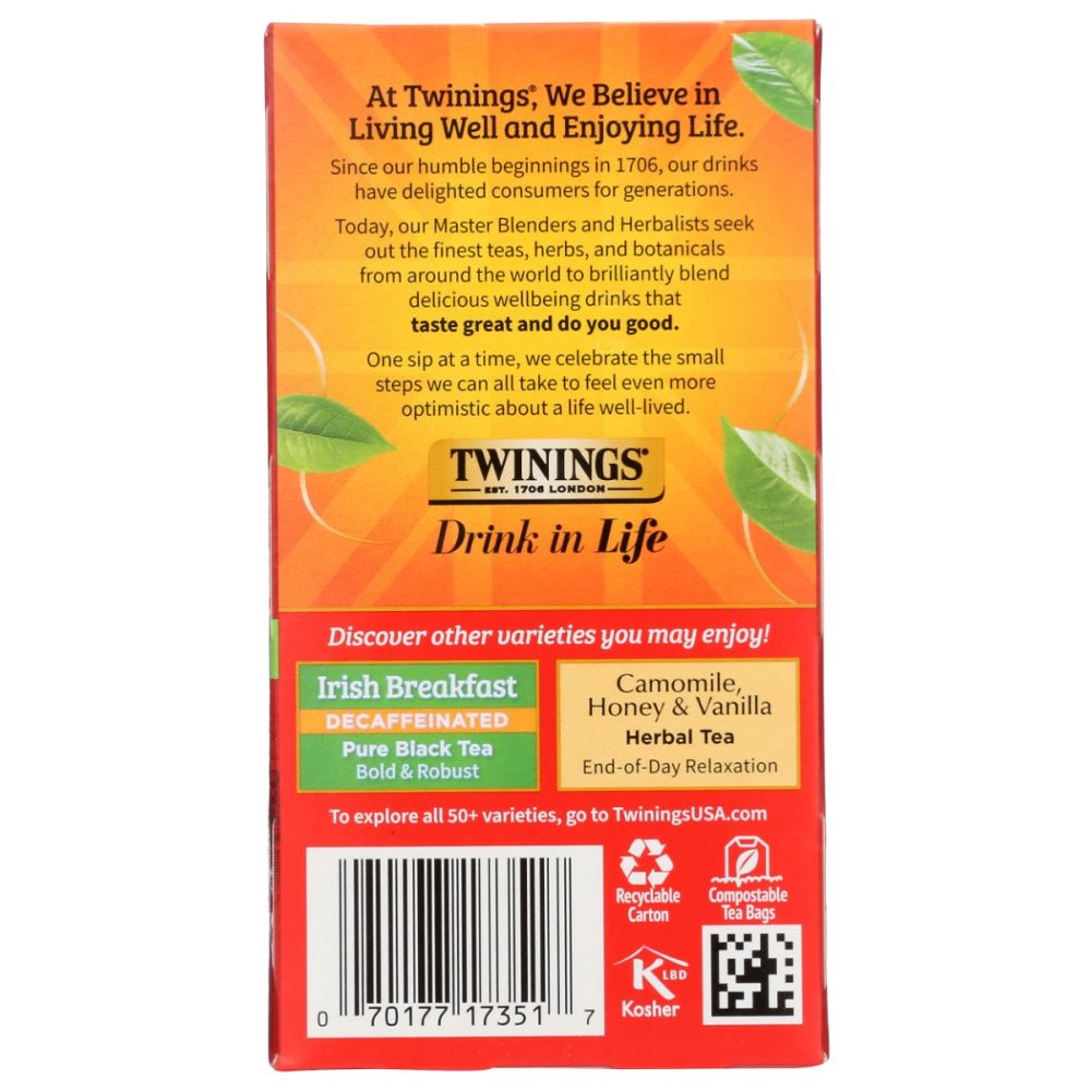TWININGS OF LONDON: Classics English Breakfast Tea Naturally Decaffeinated, 20 Tea Bags, 1.41 oz