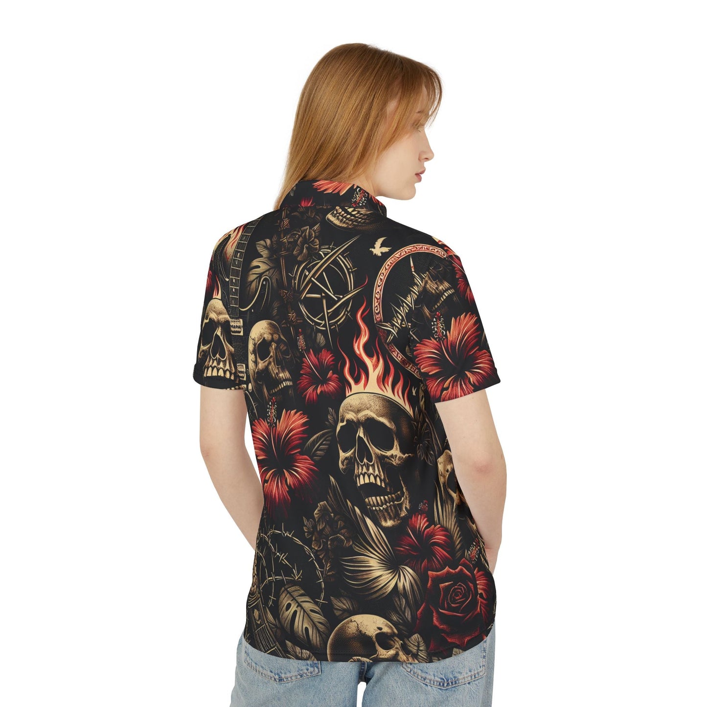 😈 Edgy Floral Skull Alternative Polo Shirt: The Bold Statement Poly-Power Top ⚡