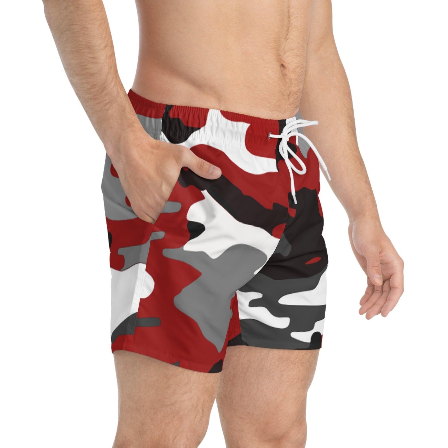 Red Black White Grey Camo Pattern Swim Trunks