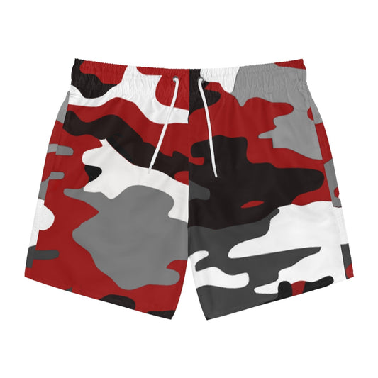 Red Black White Grey Camo Pattern Swim Trunks