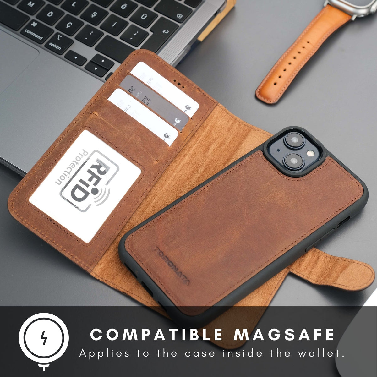 Casper Leather iPhone 15 Plus Wallet Case | Detachable MagSafe Compatible RFID Protection