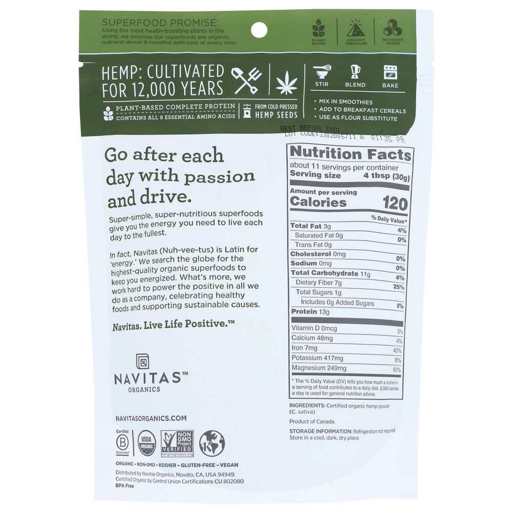 NAVITAS Organic Raw Hemp Protein Powder, 12 oz
