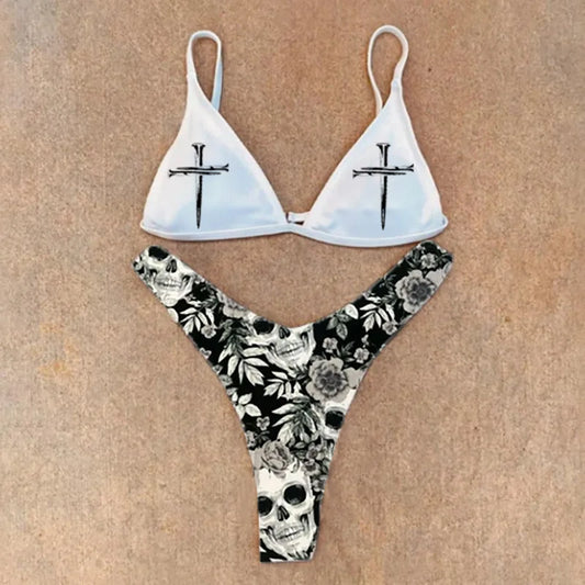 Black And White Goth Skull Bikini Two Piece High Waist Emo Swimsuit Women’s Split Bathing Suit