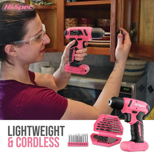 Hi-Spec 58-Piece Pink 8V USB Electric Drill Driver & Hand Tool Kit — Precision Power Set for Serious DIY & Professional Builders