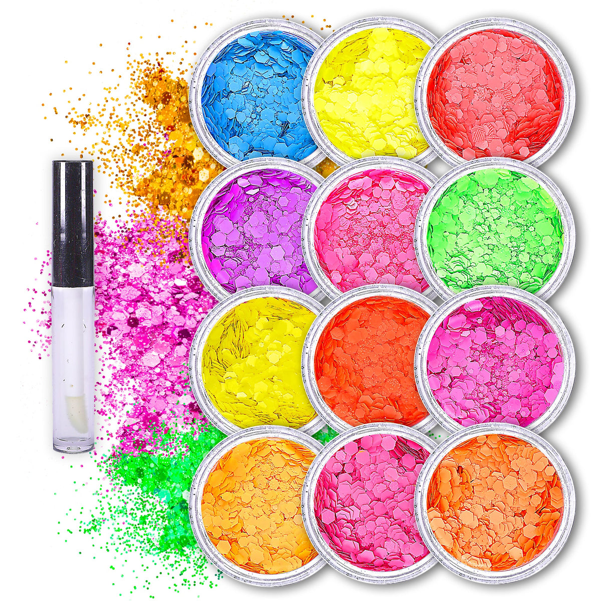 12 pack Neon Glitter + 1 glitter glue Chunky Cosmetic Holographic Glitter | Body, Face & Hair Safe