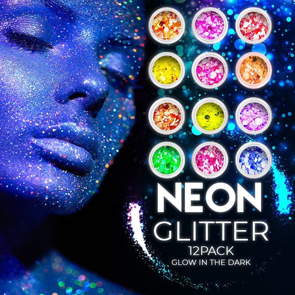 12 pack Neon Glitter + 1 glitter glue Chunky Cosmetic Holographic Glitter | Body, Face & Hair Safe