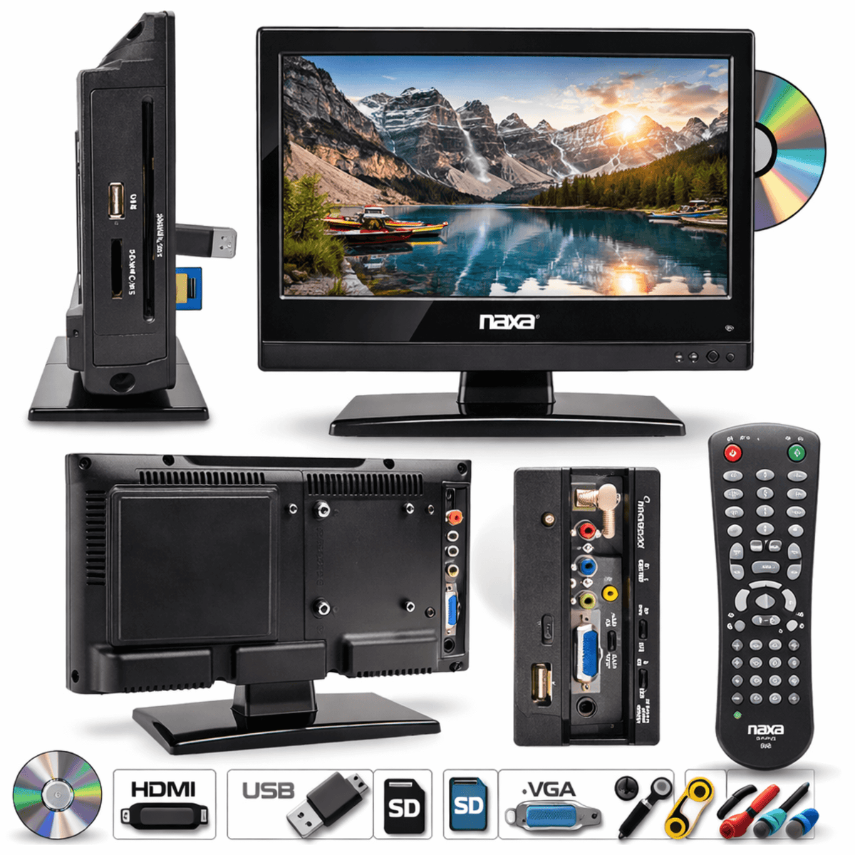 Naxa 13.3 Inch 12Volt AC/DC LED HDTV ATSC with DVD and Media Player + Car Package