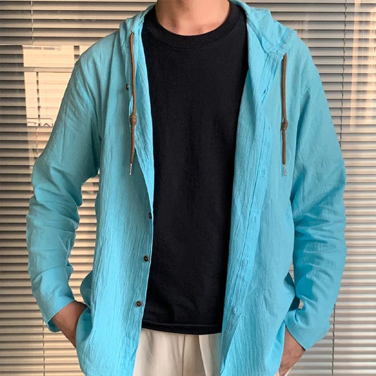 Men’s Summer Linen Streetwear Hoodie – Solid Color Long Sleeve Button-Up Cardigan Shirt, Casual Lightweight Hooded Top