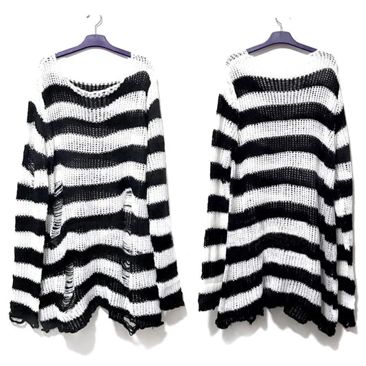 The Hollowed-Out Freddy Striped Sweater – Punk Gothic Streetwear for Horror Fans