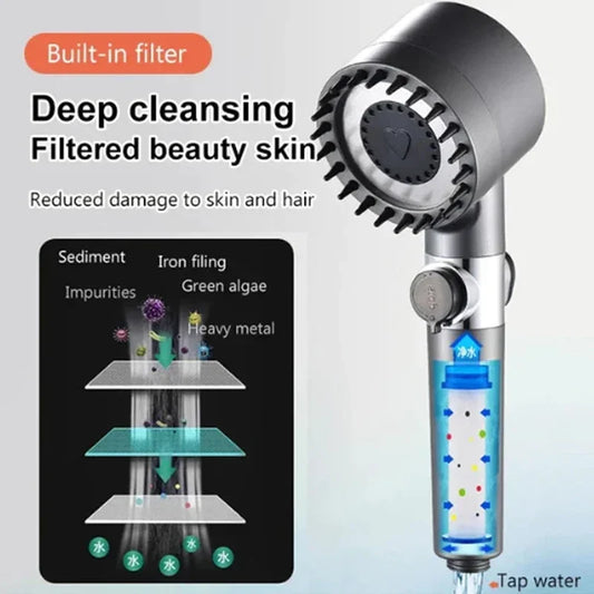 AquaForce 4‑Mode High‑Pressure Handheld Showerhead with One‑Click Stop & Built‑In Filter
