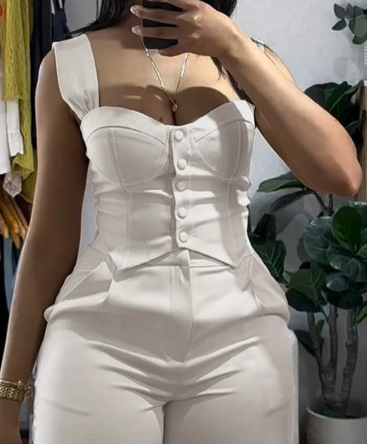 CHAXIAOA “Double Trouble Chic Set” – 2025 Spring/Summer 2-Piece Hollow Out Tank + Wide-Leg Power Pants Combo