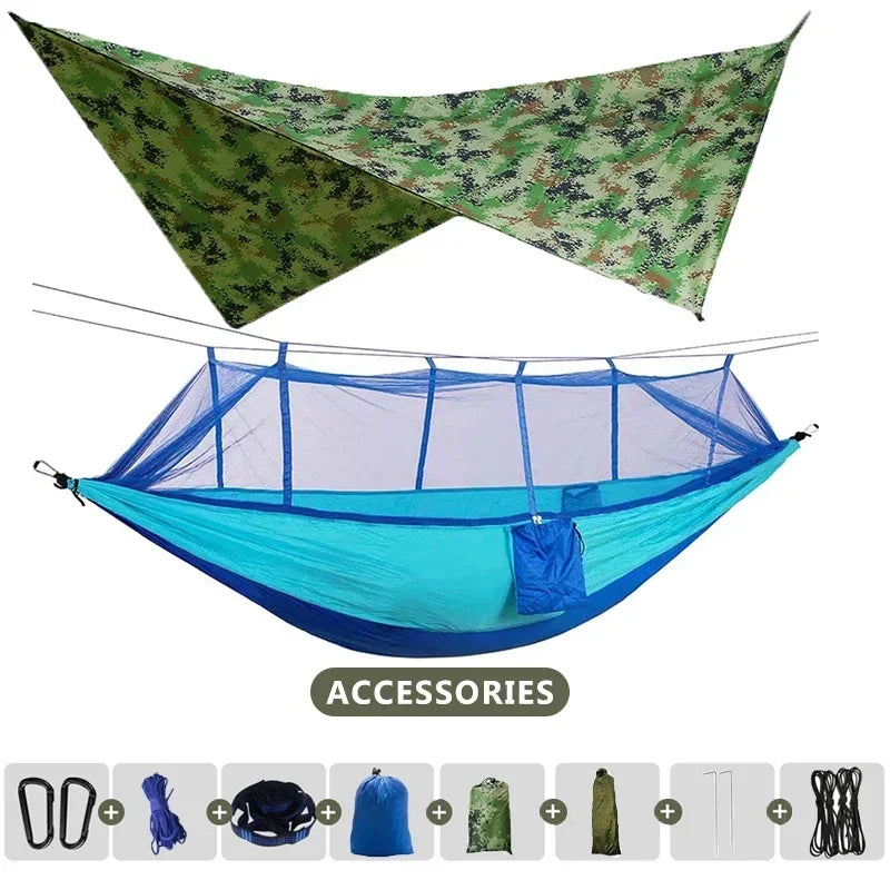 AdventureNest 2-Person Camping Hammock Set – 260x140cm Parachute Hammock with Mosquito Net & Rain Fly Tarp – Ultralight Outdoor Hammock for Travel, Hiking, Backpacking