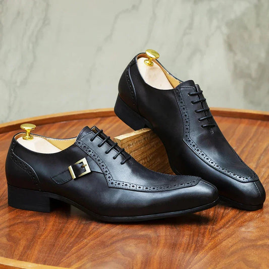 Men's Luxury Leather Oxford Dress Shoes – Brown/Black Formal Lace-Up with Buckle for Office, Business, and Wedding Vibes