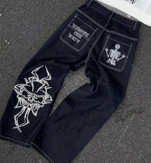 “Last Rites Denim” – Y2K Skull-Stitched Baggy Jeans for Street Kings & Rock Bastards