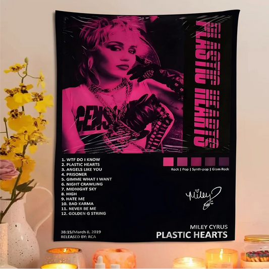 “Plastic Hearts & Power Chords” Miley Cyrus Album Wall Tapestry – Heavy Cotton Print for Rockcore Bedrooms, Hippie Hangouts & Hollywood Havoc