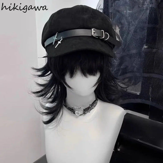 "Sinister Halo" Harajuku Punk Beret – Metal Accent Gothic Cap for Women & Men, Streetwear Biker Lolita Y2K Vibe