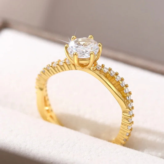 “MIDNIGHT PROMISE” 6-Claw CZ Engagement Ring – 925 Sterling Silver Gold Plated Band | Delicate Aesthetic Jewelry for Women by Huitan