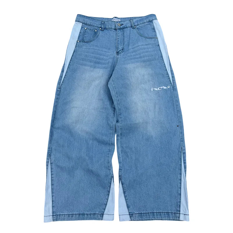 Chaos Stitch Y2K Spliced Wide-Leg Jeans – Street-Grade Embroidery for Rebels & Runaways