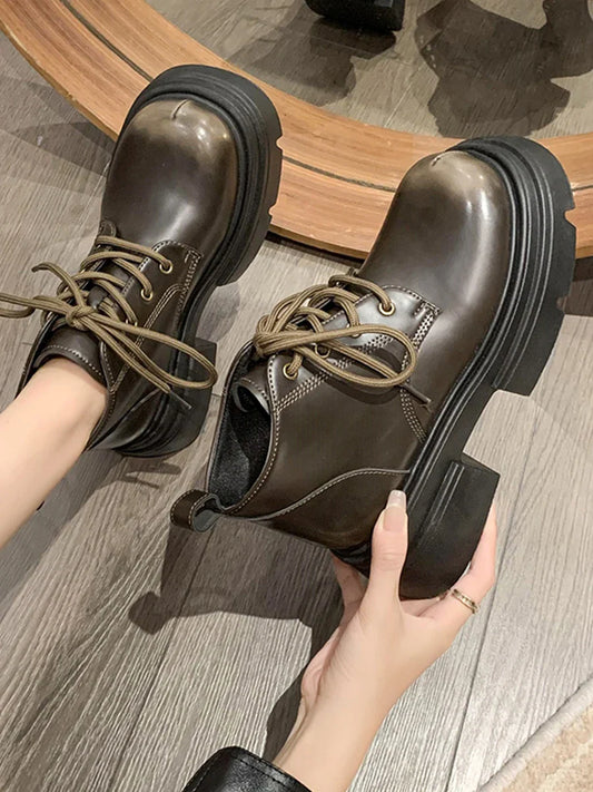 Women’s Lace-Up Ankle Boots – Med Hoof Heel Lolita Rock Round Toe PU Leather Winter Footwear | Solid Rubber Sole, Handmade Classic Street Style