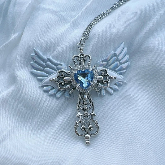 Gothic Wings & Cross Pendant Necklace – Y2K Punk Crystal Heart Choker for Women