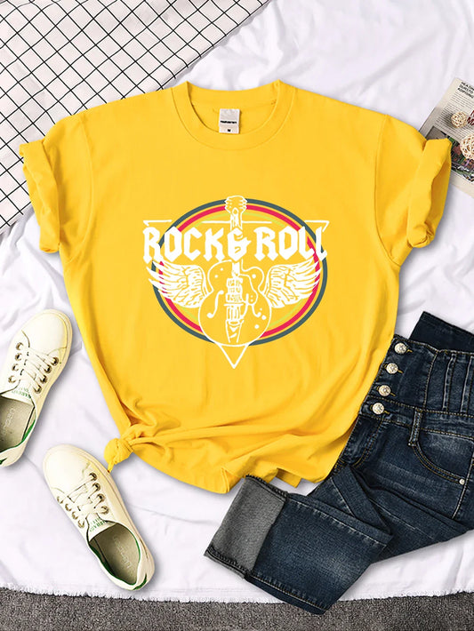 Riffs & Rebellion Street Tee – Women’s Electric Guitar Rock N’ Roll Short Sleeve Top for Loud Living & Late Nights