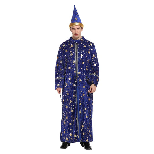 Adult Halloween Men Blue Robe and Hat | Star Moon Magic Magician Wizard Costume | Cosplay Role Playing