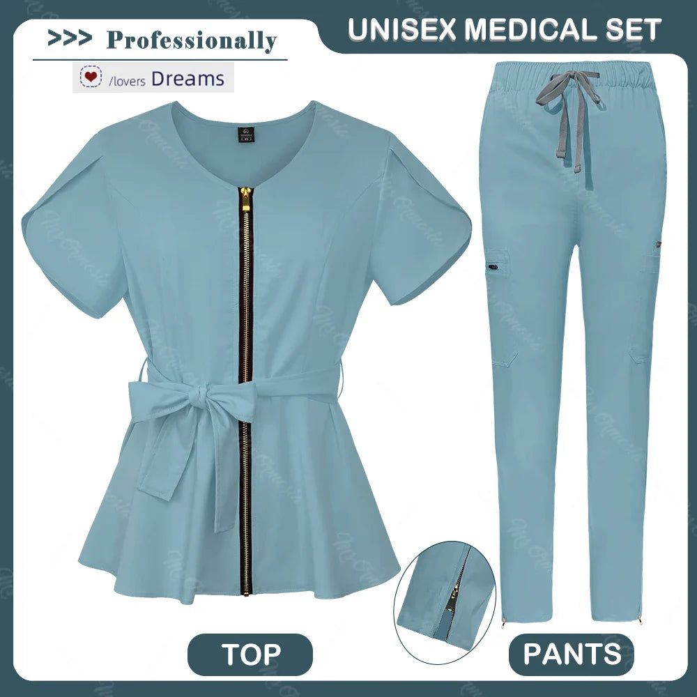 Unisex Medical Scrub Set | Fashionable & Breathable Beauty Salon & Nurse Uniform | Zipper Lapel Design