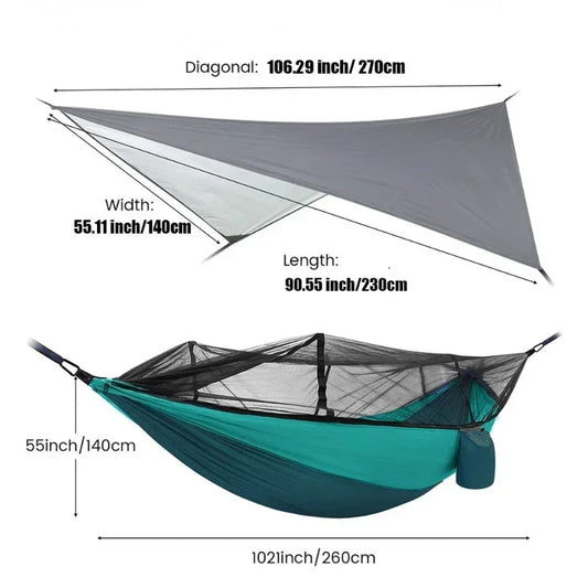 AdventureNest 2-Person Camping Hammock Set – 260x140cm Parachute Hammock with Mosquito Net & Rain Fly Tarp – Ultralight Outdoor Hammock for Travel, Hiking, Backpacking