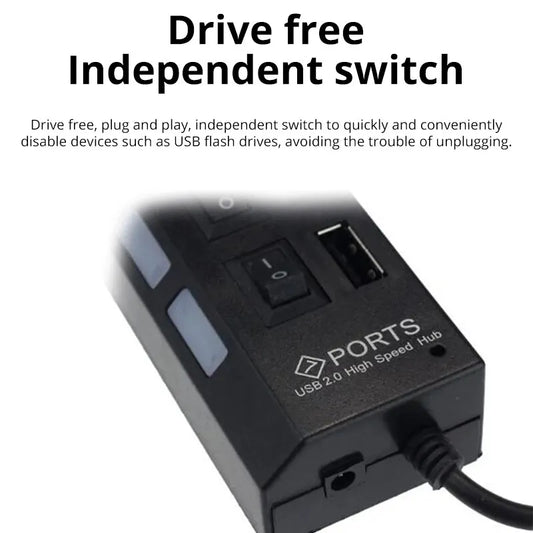 7-Port USB 2.0 Switch Extension Hub – Independent Power Switches, LED Display Lights, Plug & Play Splitter for Laptop & Desktop Devices