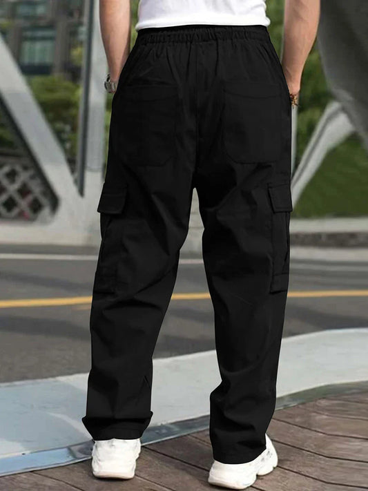 Men’s Loose Cargo Pants – Solid Color Drawstring Waist, Straight Leg Casual Work Trousers with Pockets