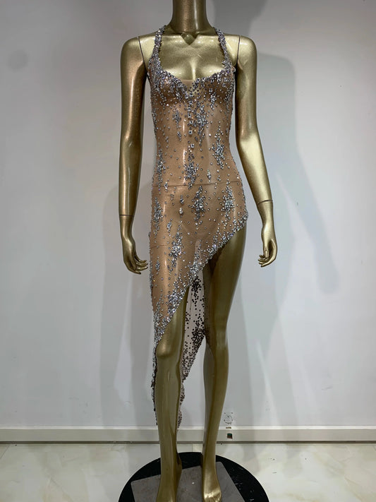 Women's Sparkly Rhinestone Mesh Evening Dress – Sexy Sheer V-Neck Celebrity Birthday Gown