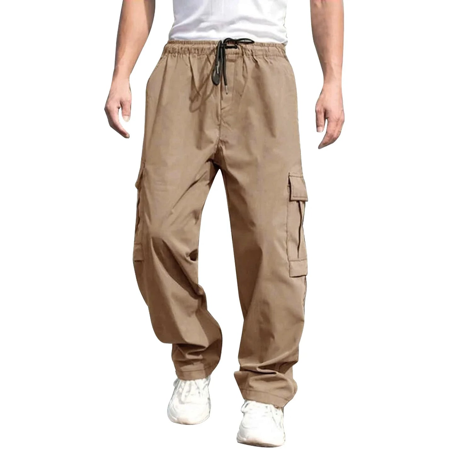 Men’s Loose Cargo Pants – Solid Color Drawstring Waist, Straight Leg Casual Work Trousers with Pockets