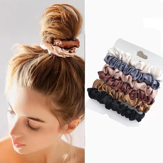 6Pcs Elegant Silk-Feel Hair Scrunchies Set – Minimalist Solid Color Ponytail Bands for Women
