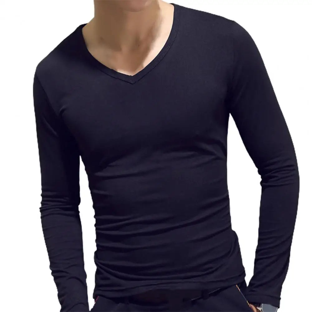 Men's Sports Gym Long Sleeve Slim Fit V-Neck T-Shirt – Solid Color Casual Fitness Base Shirt for Autumn & Winter