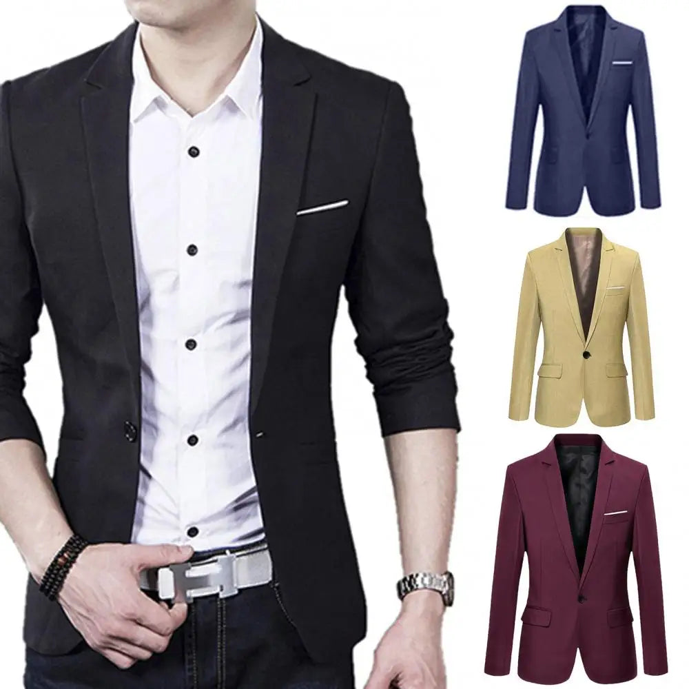 Men's Slim Formal Business Suit Coat - One Button Lapel Long Sleeve Blazer
