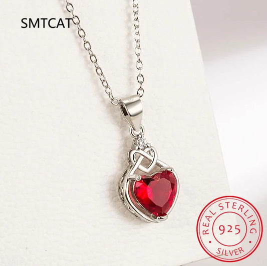 Blood Oath Ruby Pendant – 925 Silver Heart-Knot Choker with Firestone Zircon Spark