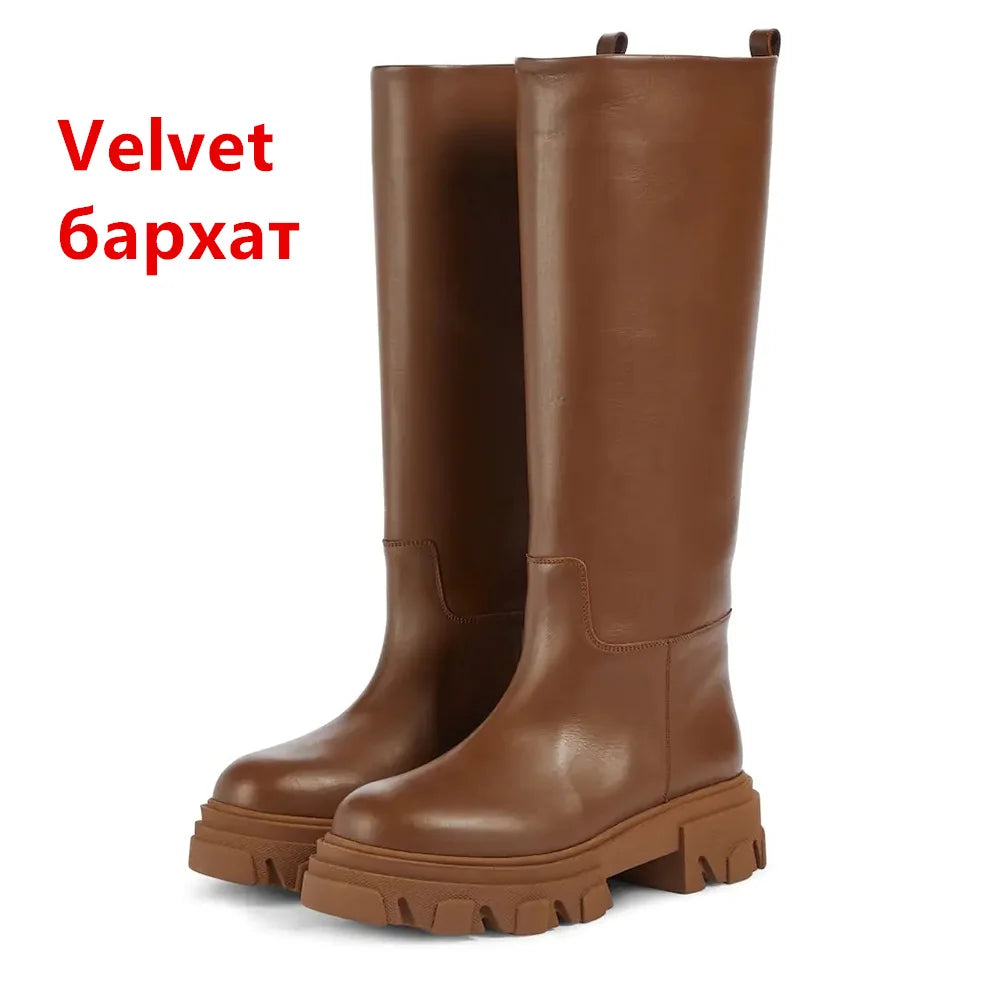 Women’s Cowhide Platform Riding Boots – Punk Leather Knee-Highs with Square Heels for Heavy Winter Impact