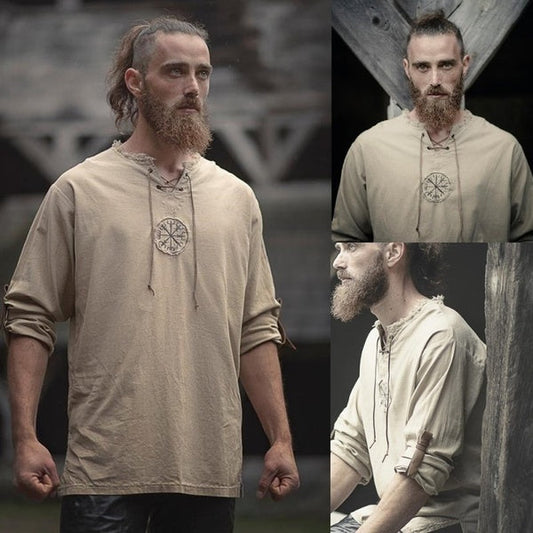 VALKNUT CODE // Viking Punk Long Sleeve Shirt – Embroidered Cotton-Linen Pullover for Men