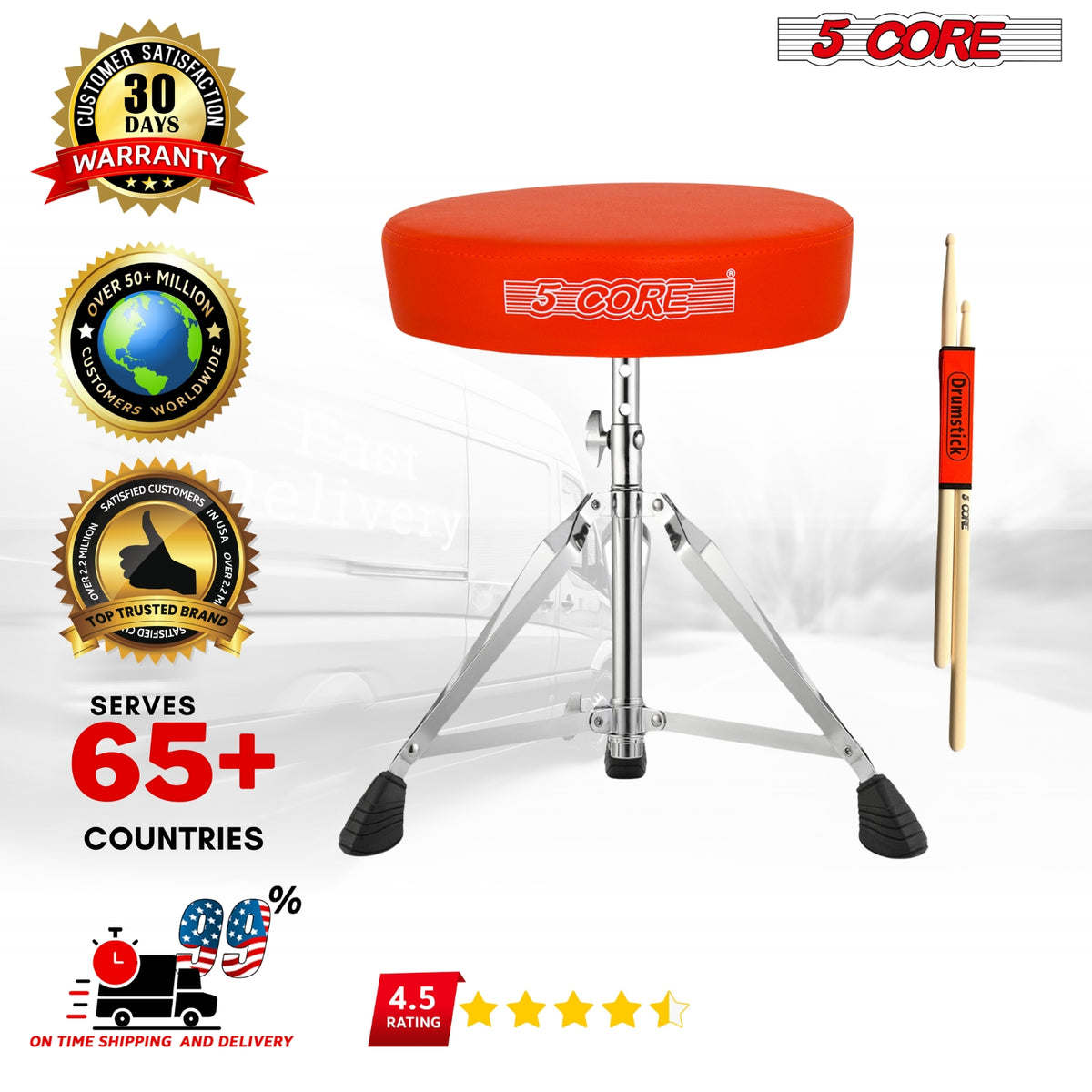 5 Core Drum Throne Comfortable Padded Stool Height Adjustable Music DJ Chair Heavy Duty Seat for Drummer Kids and Adults - DS CH ORG