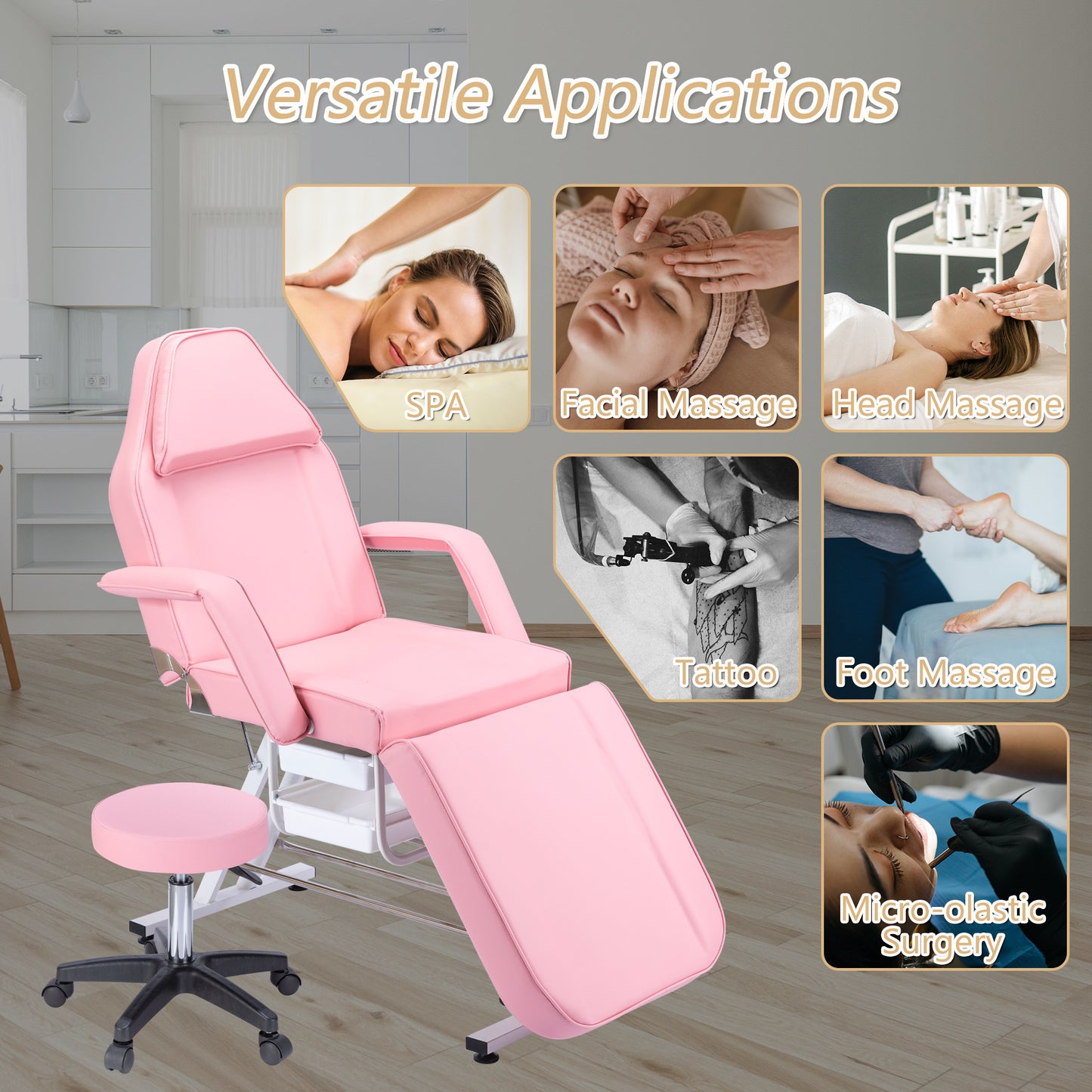 Massage Salon Tattoo Chair with Two Trays Esthetician Bed with Hydraulic Stool; Multi-Purpose 3-Section Facial Bed Table; Adjustable Beauty Barber Spa Beauty Equipment
