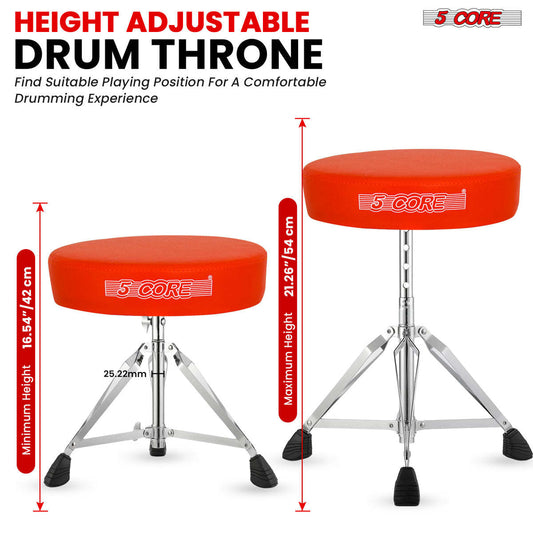 5 Core Drum Throne Comfortable Padded Stool Height Adjustable Music DJ Chair Heavy Duty Seat for Drummer Kids and Adults - DS CH ORG