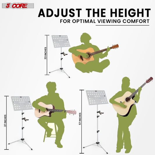 5 Core Music Stand For Sheet Music Height Adjustable Portable Folding Atril Para Partituras w Light Clip for Guitar Players Violinists Cellists Pianists - MUS FLD HD ACC WH