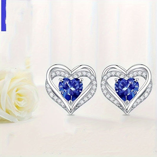 "Women's Birthstone Earrings - 925 Sterling Silver Heart Stud Birthstone Earrings Anniversary Valentine's Day Earrings Women's Jewelry Mother's Day Christmas Birthday Earrings"