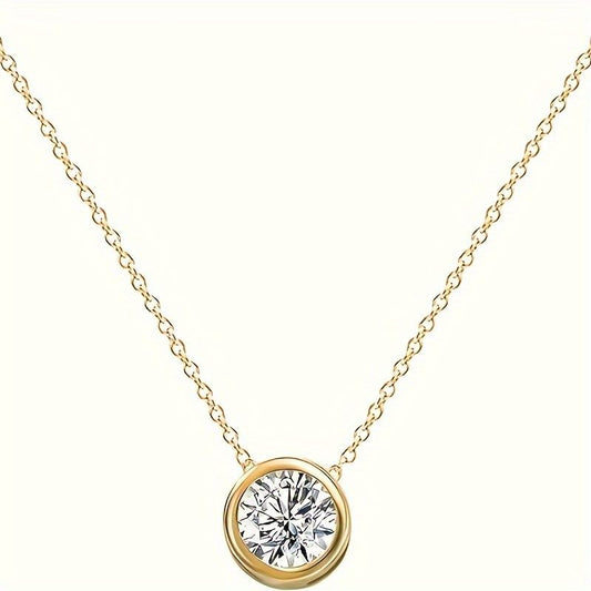 "14k Solid Gold Cubic Zirconia Round Solitaire Pendant, Cubic Zirconium Solitaire Choker Chain Necklace for Mother's Day Christmas, Fine Jewelry Gift For Women (Material, 14k Yellow Gold)"