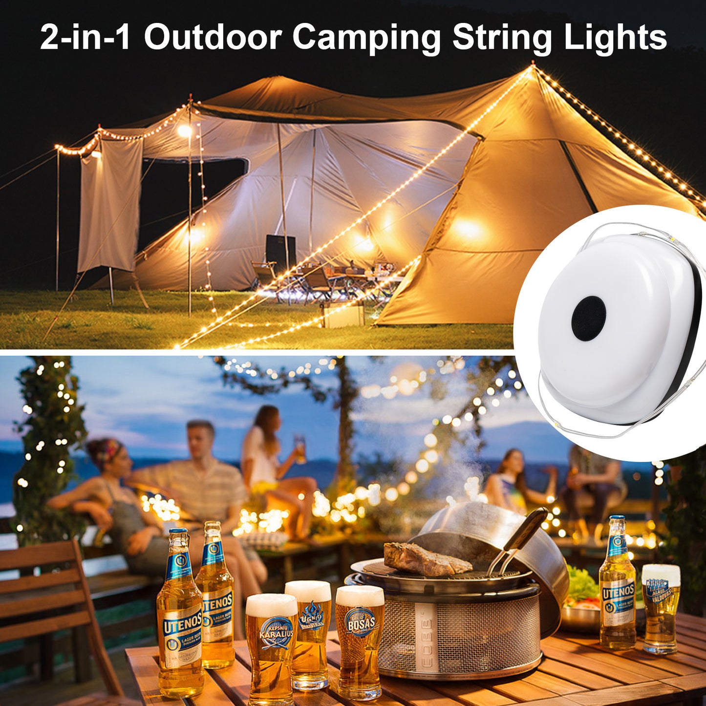 Wanjo Outdoor String Camping Lights , 5 Modes Dual Mode Adventure Tent Lantern (35Ft), Quick 30s Recovery,Portable Versatile Camping Lamp with Carry Bag for Camping,Christmas Fairy Lights Décor