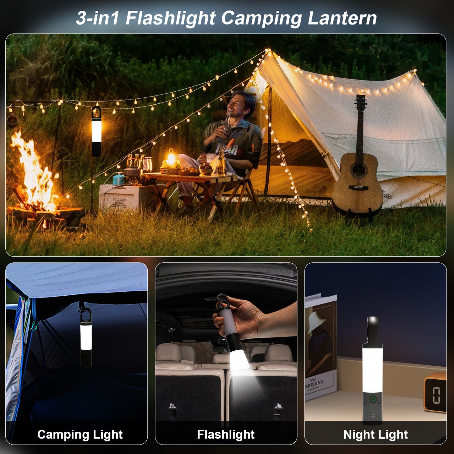 Wanjo 2-in-1 1000LM Portable Led Flashlight and Rechargeable Camping Lights with 7 Lighting Modes and Tricolor Lampshade with Carry Bag, Waterproof for Camping,Hiking,Fishing
