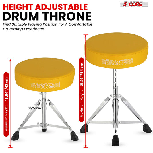 5 Core Drum Throne Comfortable Padded Stool Height Adjustable Music DJ Chair Heavy Duty Seat for Drummer Kids and Adults - DS CH YLW